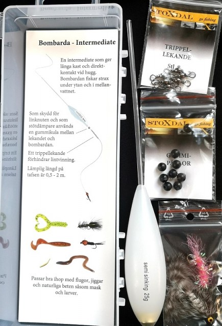 Bombarda, Svivler, Gummibeads og fluer. I praktisk plastboks.